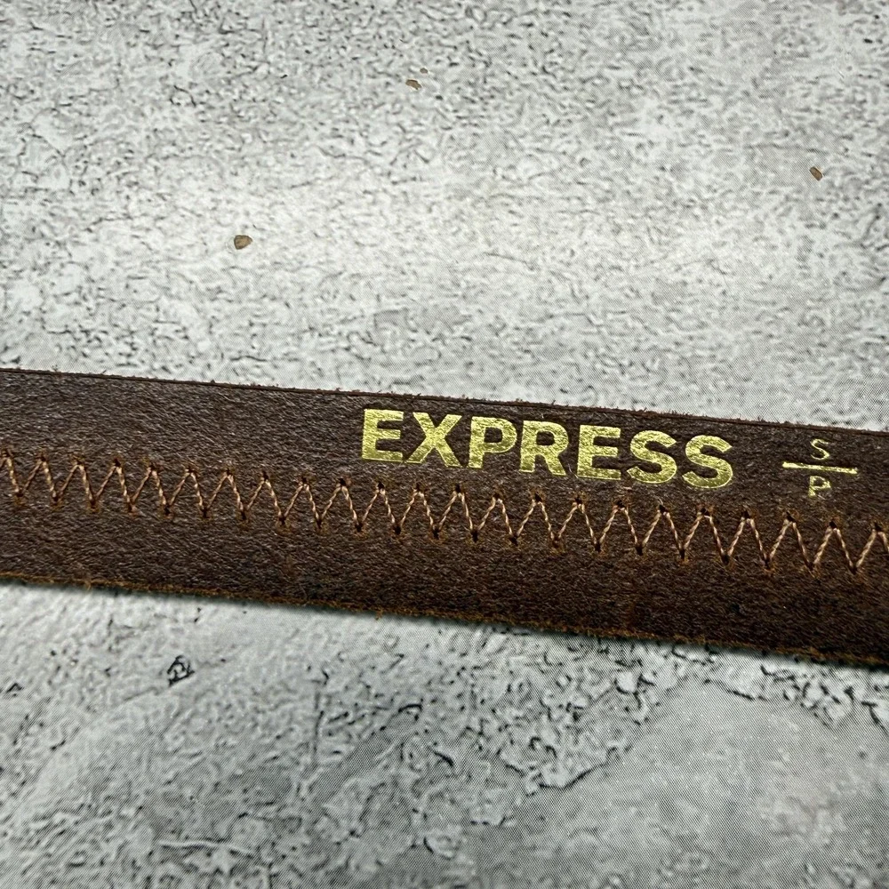 Express Belt Women Small Brown Genuine Leather Zigzag Stitch Buckle Casual 32-34